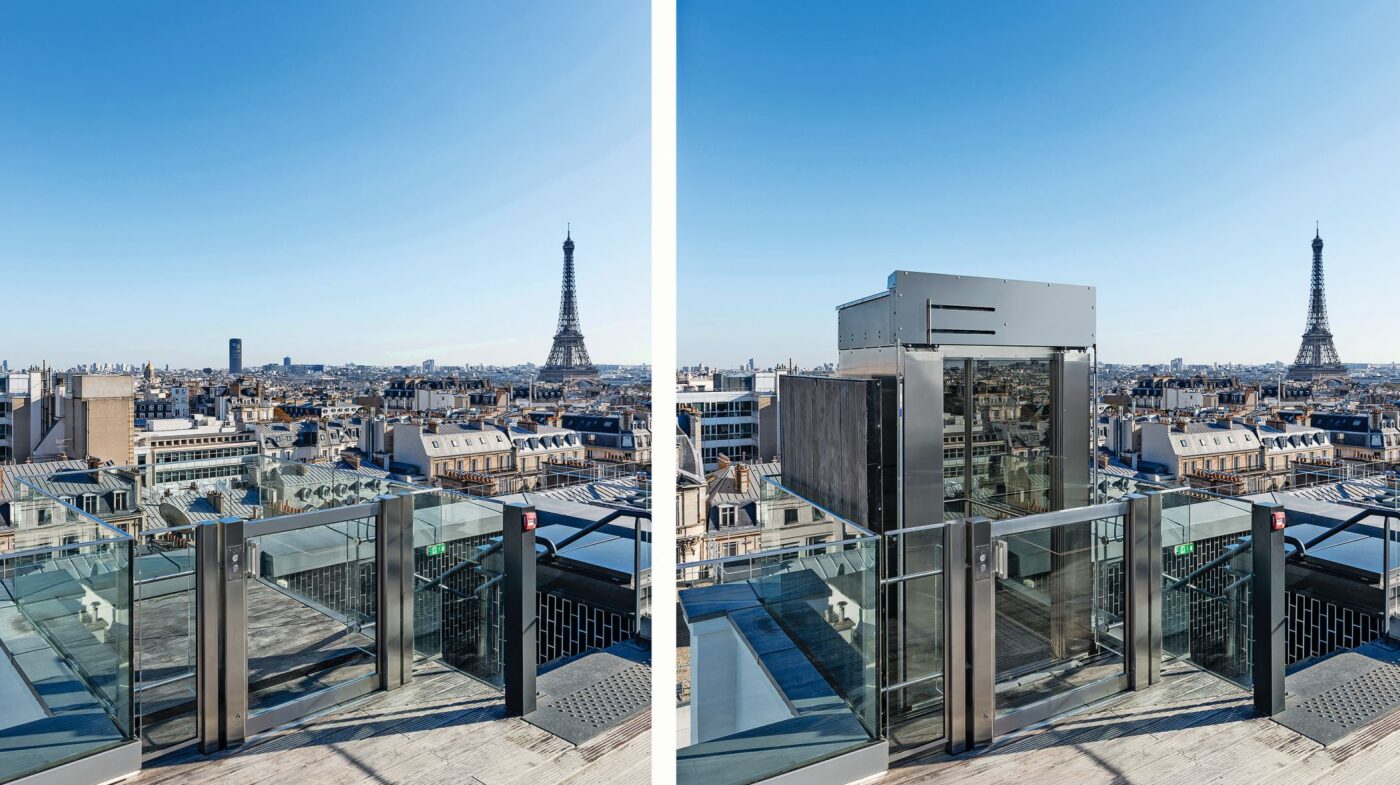 Ascenseur rooftop dans un immeuble de l'avenue Kléber à Paris. L'astuce : l'ascenseur accède à l'extérieur par une trappe dans le toit (à droite). © EMCH Ascenseurs