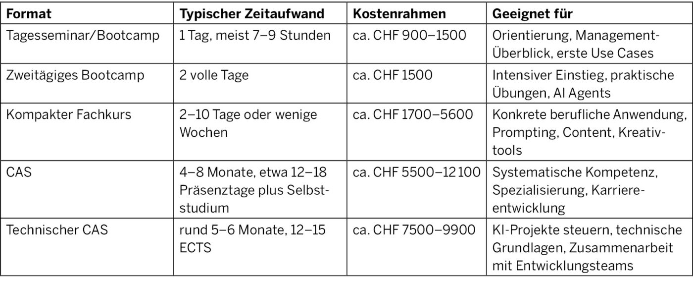 Übersicht verschiedener KI-Weiterbildungsformate im Vergleich von Zeitaufwand, Kosten und Eignung.